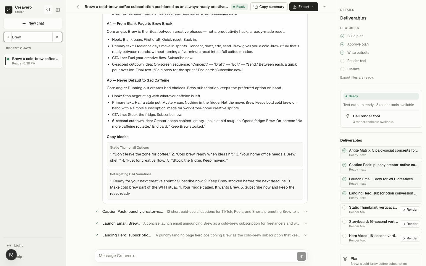 The Creavero workspace producing a campaign